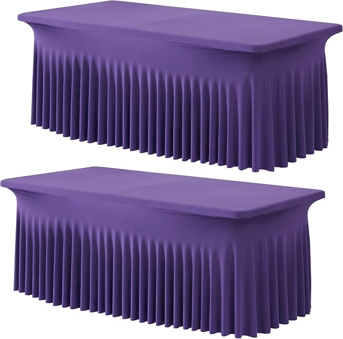 2 Pack Purple Spandex Table Clothes for 6 Foot Rectangle Tables, Wrinkle Free Fitted Table Cover 6ft Stretch Tablecloths Desk Skirt for Parties Weddings Birthday Banquet Baby Shower