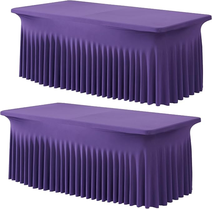 2 Pack Purple Spandex Table Clothes for 8 Foot Rectangle Tables, Wrinkle Free Fitted Table Cover 8ft Stretch Tablecloths Desk Skirt for Parties Weddings Birthday Banquet Baby Shower