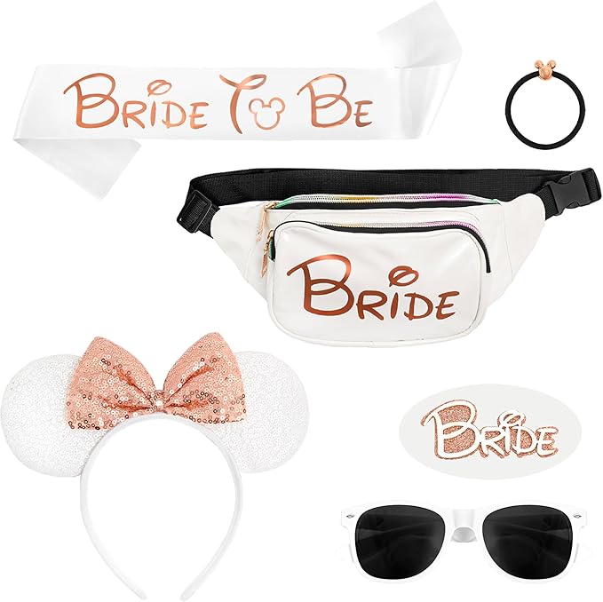 Mouse Ears Set - Bride Accessories - Bachelorette Party Favors - Match Bachelorette Outfit (Rose Gold/White, 1)