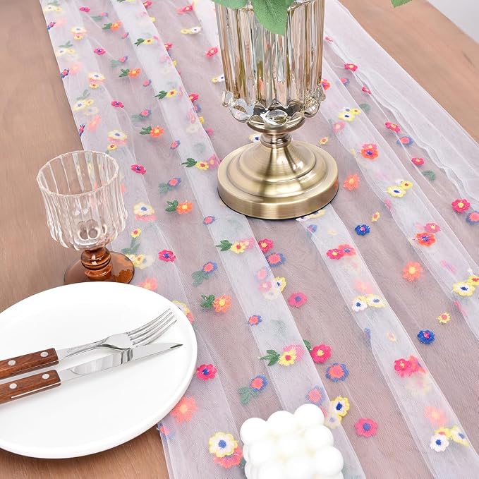 Joanlody 3pcs Ivory Summer Flower Table Runner 10ft Embroidery Daisy Floral Seasonal Tulle Table Runner for Home Garden Tea Party Holiday Birthday Decoration
