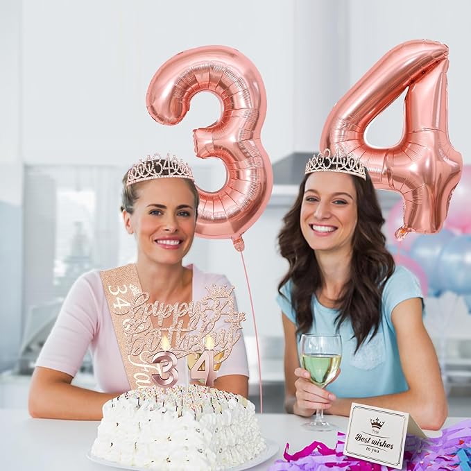 34th Birthday Decorations for Women, Including 34th Birthday Sash and Tiara, Cake Topper and Candles, Number Balloons, 34 Year Old Gifts for Women