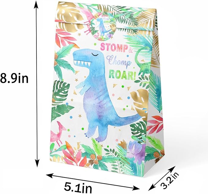 24 Pack Girl Dinosaur Party Favor Bags with Stickers - Pink Watercolor Dino Goodie Bags for Girls Birthday - Stomp Chomp Roar Girl Dinosaur Gift Bags for Candy, Small Toys - Dino Theme Treat Bags