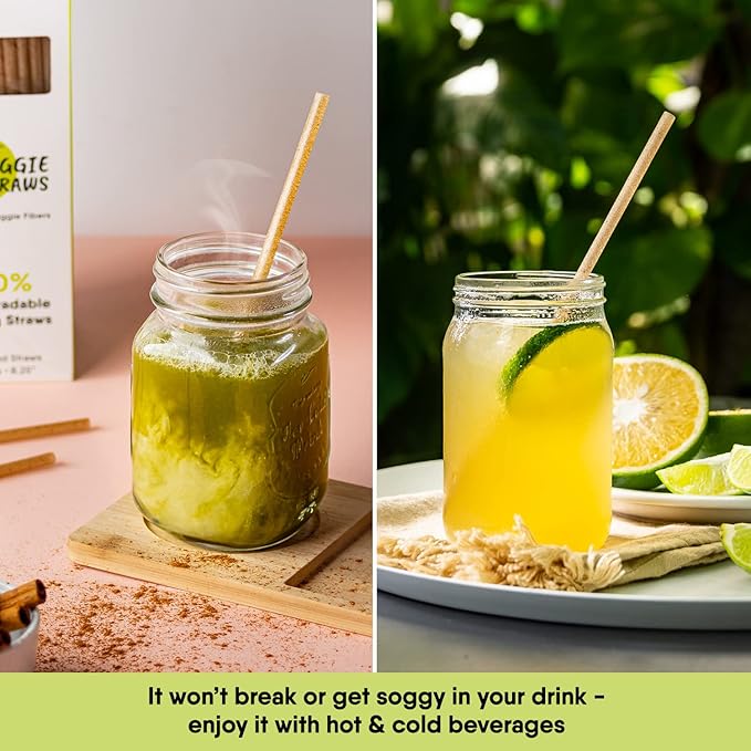The Veggie Straws – 300 PCS of 8.25 Inches Unwrapped Biodegradable Straws – Made of Vegetable Fibers, Best Environment Friendly Drinking Straws for Hot and Cold Beverages