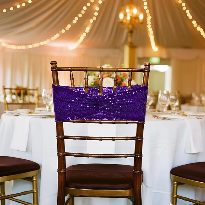 Poise3EHome Purple Sequin Chair Sashes, Double Sided Glitter Folding Chair Covers Bow for Wedding Party Banquet Reception Decorations, 50 PCS