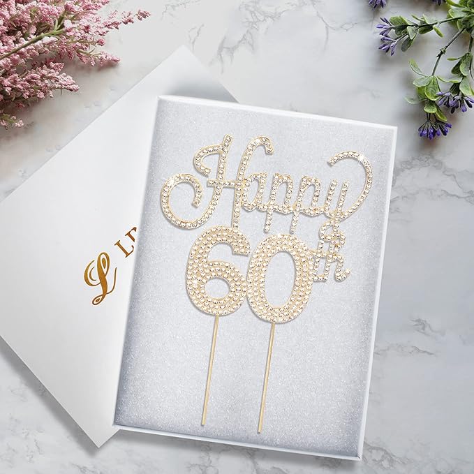 LINGTEER Happy 60th Birthday Gold Rhinestone Cake Topper - Cheers to 60th Birthday Sixty Years Old Anniversary Party Cake Centerpieces Topper Decorations Gift Sign.