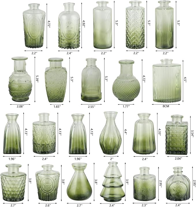 RUCKAE Glass Bud Vases Mini Flower Vase Small Vintage Vases for Centerpiece Table Wedding Decorations Home Decor Party(Gradient Green 22 Pack)