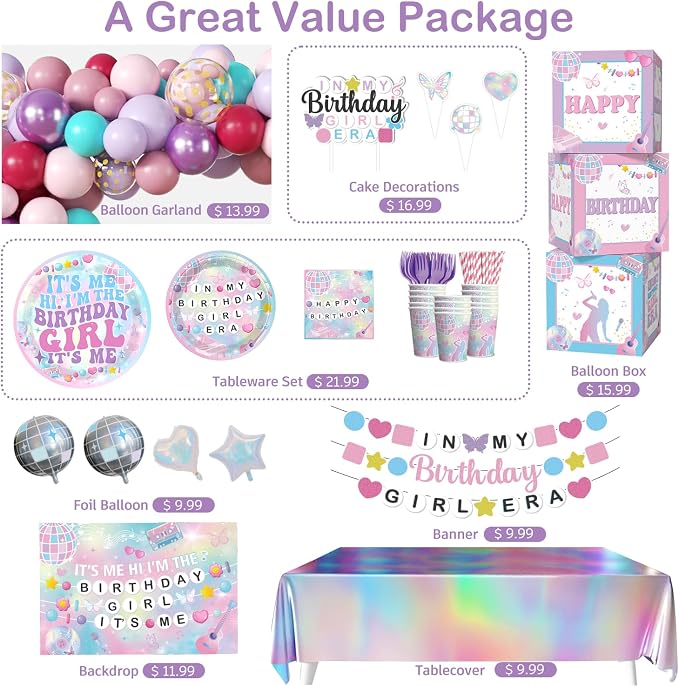 cocomigo 249pcs In My Birthday Girl Era Decorations Complete Party Set, Serves 20 Guests, In My Birthday Girl Era Party Supplies, includes Banner, Balloon Arch, Backdrop, Plates and Napkins Kit, etc