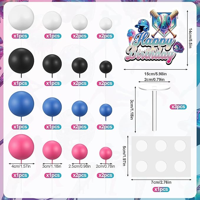 Novabright 42 Pcs Baseball Ice Cream Drip Birthday Cake Decorations Baseball Themed Birthday Cake Toppers Detachable Photo Props for Party Supplies (Ice Cream,Black)