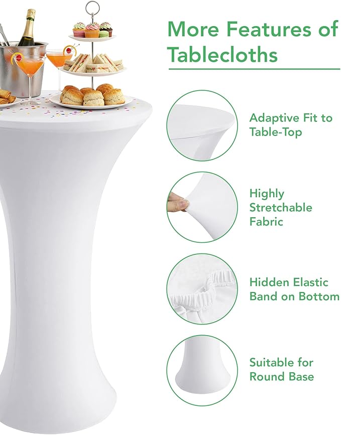 KeyWave Cocktail High Top Table Covers - 24x43 Inch Fitted Spandex Round Cocktail Tablecloth for Bar Height Standing Table Cloths Reusable, for Party Bistro Wedding Event Decorations, White, 8 Pack