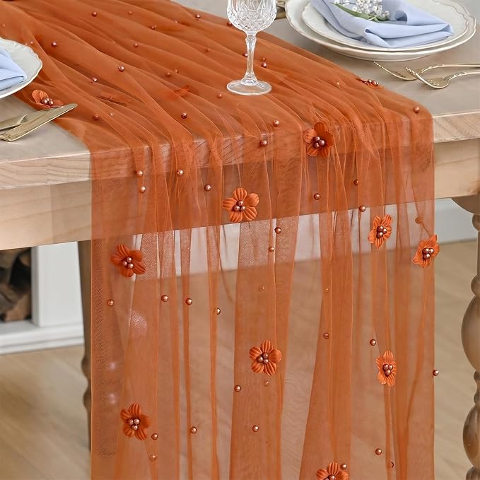 Artoid Mode Caramel Flower Pearl Pink Gauze Table Runner 10FT 3PC, Seasonal Sheer Dining Holiday Wedding Birthday Baby Shower Table Decor for Home Party