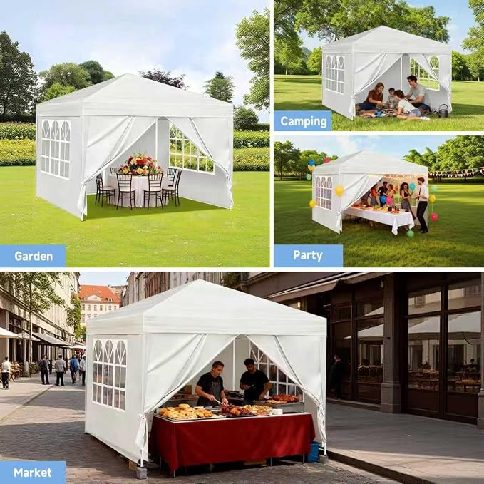 10X10FT White Pop Up Canopy Party Tent, Outdoor Commercial Instant Gazebo with 4 Removable Sidewalls for Events, Wedding, Backyard, Patio, Easy Set Up Sun Shade with Carrying Bag