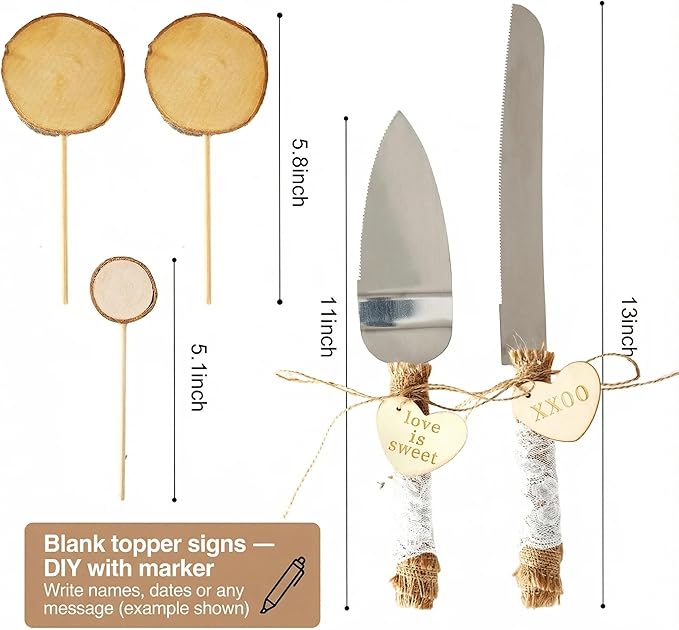 Relaxing Garden Customizable 12 Inch Rustic Wood Cake Stand Set with Bark Edge, Cake Knife & Server + Blank Wood Slice Topper — Cake Display for Weddings, Birthdays, Showers & Holiday Celebrations