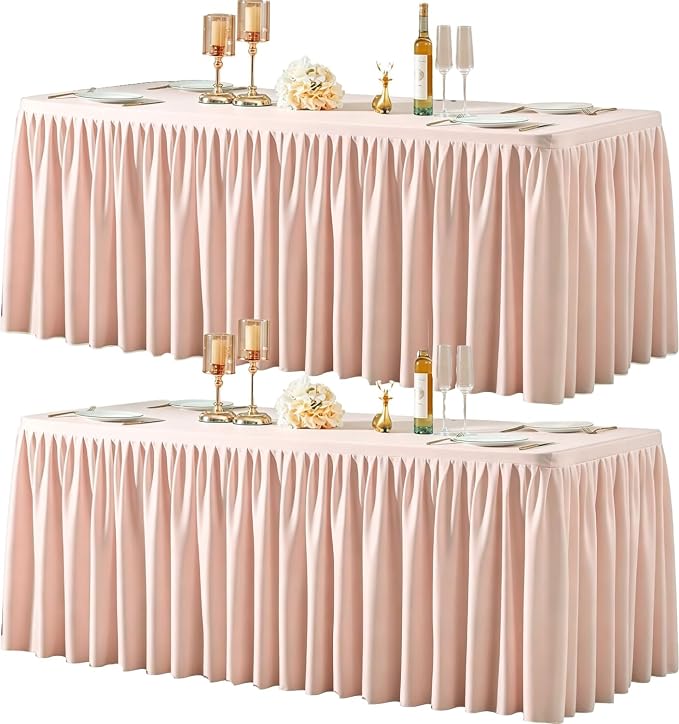 2 Packs Pale Pink Tableclothes for 4 Foot Rectangle Tables, Wrinkle Free Fitted Table Cloth 4ft Stretch Table Cover with Skirt for Parties Weddings Birthday Banquet Baby Shower
