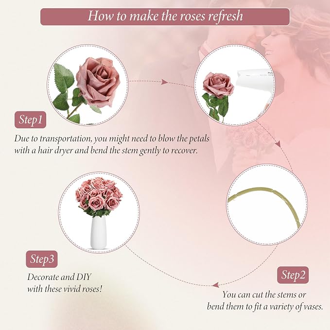 Hotop 20 Pcs Artificial Rose Flowers with Long Stem, Real Lifelike Silk Realistic Plastic Bouquet Roses Bulk for Home Decor Bridal Wedding Party Table Centerpieces Decorations(Dusty)