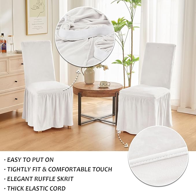 NICEEC Spandex Chair Covers for Dining Chairs Covers Set of 4 Removable Dining Room Chair Covers with Skirt Parson Chair Slipcovers Washable Chair Protector for Kitchen Wedding Party Banquet(White)