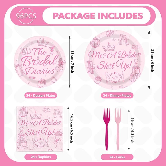 96Pcs Princess Bachelorette Party Decoration Me A Bride Shut Up Plates and Napkins Pink Diaries Funny Bridal Shower Tableware Set for Princess Wedding Bridal Shower Party Supplies Serves 24