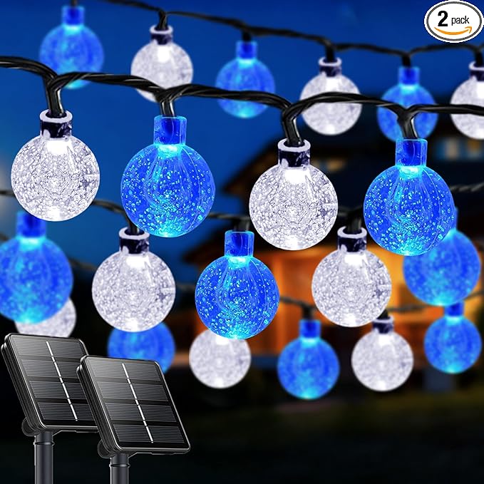 2-Pack 64FT 100 LED Blue and White Crystal Globe Solar String Lights Outdoor, Waterproof Solar Powered Lights for Outside, 8 Lighting Modes Patio Decorations for Garden Yard Wedding Porch Party Tree
