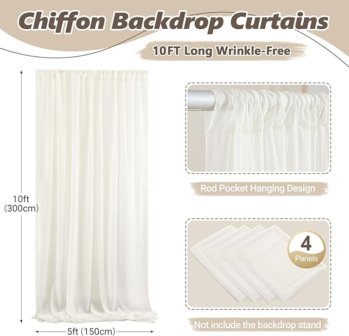20ft x 10ft Beige Backdrop Curtains, Wrinkle-Free Sheer Chiffon Fabric Photo Backdrop Drapes for Wedding Arch Party Ceremony Stage Photography Decorations