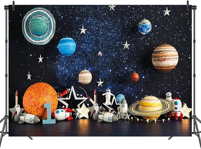 Outer Space Photography Backdrop Universe Planet Star Galaxy Astronaut Rocket Kids Birthday Party Decoration Boy Portrait Photo Background Birthday Party Cake Table Banner Vinyl,7x5ft