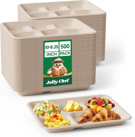 JOLLY CHEF Compostable 𝟱 Compartment Paper Plates 10 * 8.25 * 1 𝗶𝗻𝗰𝗵 [𝟱𝟬𝟬 𝗣𝗮𝗰𝗸] Small Heavy Duty Divided Disposable Eco-Friendly Biodegradable Food Trays for School Lunch Christmas(Brown)