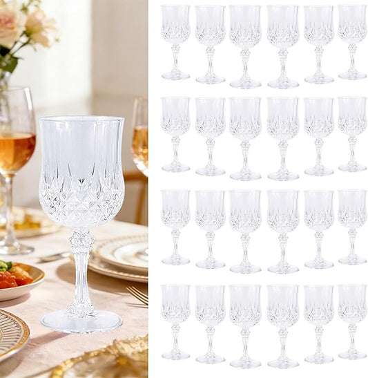 Teruntrue 24 Pcs Clear Plastic Wine Glasses Vintage Wine Glass for Parties Crystal Plastic Goblets Drinking Glasses Reusable Drinkware for Wedding, Valentine’s Day, Parties, Grand Event
