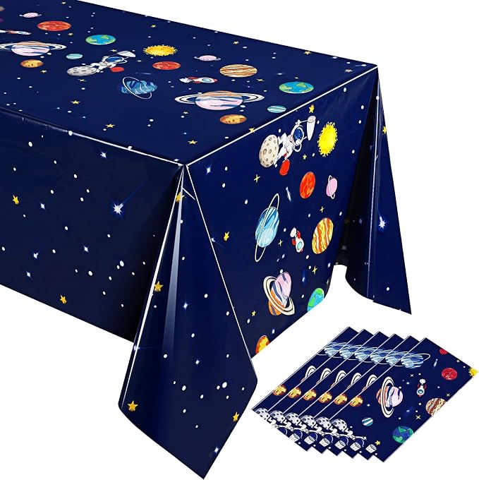 Oudain 6 Pcs Space Tablecloth Decorations Plastic Galaxy Table Cloth Space Theme Birthday Party Supplies for Boy Spaceship Planet Astronaut Rockets Disposable Table Covers, 54 x 108 Inch (Vivid Style)
