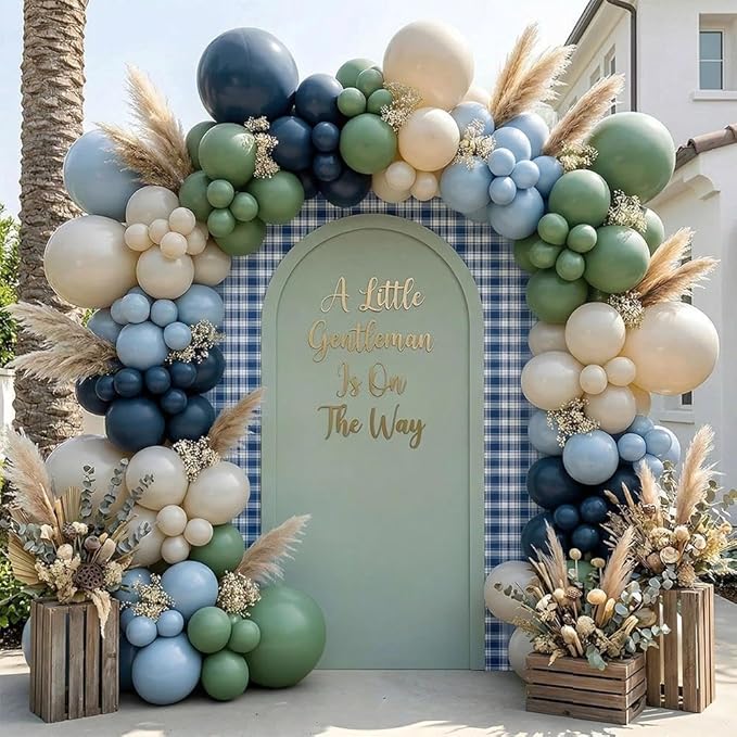 Double Stuffed Navy Blue & Sage Green Balloon Garland Arch Kit, Multi-size Matte Dusty Blue Sand Latex Balloons for Baby Shower,Gentleman Theme Party,Birthday,Bridal Wedding,Graduation