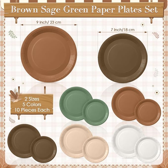 Mimorou 354 Pcs Woodland Plates and Napkins Set Serves 50 Guests Gradient Green and Brown Tablecloth Plates Cup and Napkins Tableware for Forest Animal Birthday Wedding Baby Shower Party Supplies