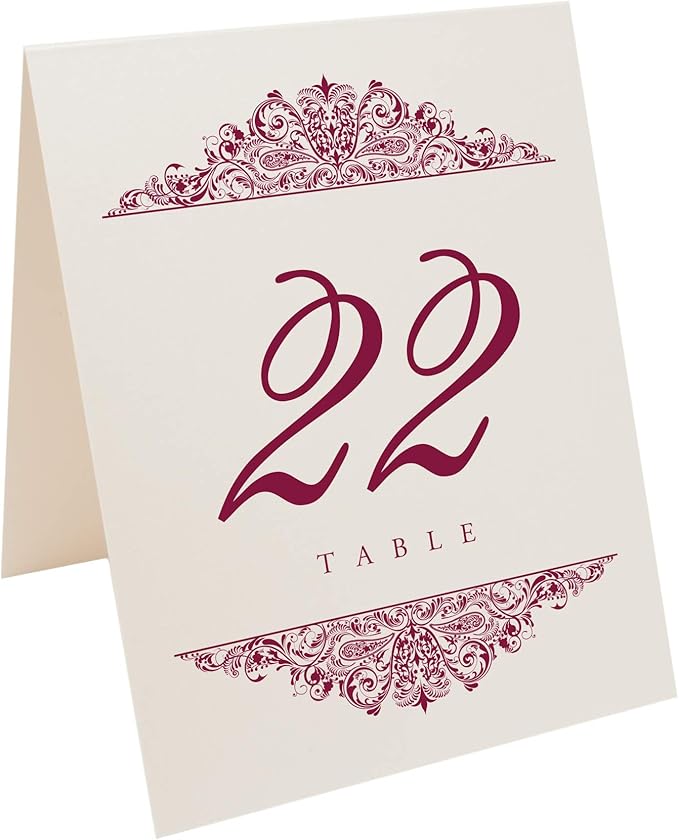 Paisley Wedding Table Numbers (Select Color/Quantity), Champagne, Burgundy, 1-175, Double Sided, Tent or Use in a Stand, Great for Parties & Restaurants - Made in the USA