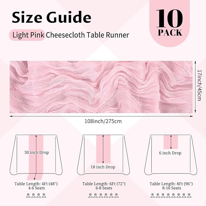10 Pack Light Pink Cheesecloth Table Runner 17x108 Inch Semi Sheer Boho Gauze Cheese Cloth Table Runners, for Wedding Bridal Shower Birthday Party Home Decor Garden Farmhouse