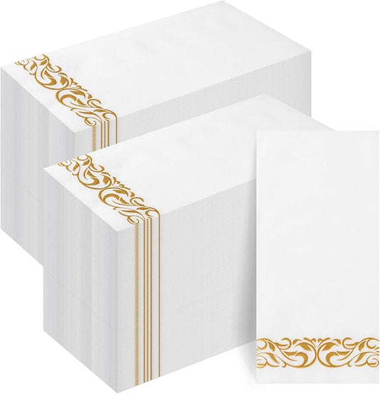 Goodluck 200-Pack Linen-Feel Disposable Guest Towels – Soft and Absorbent Paper Hand Towels for Bathroom or Kitchen – Elegant White Napkins with Gold Design for Parties, Weddings, Dinners Events