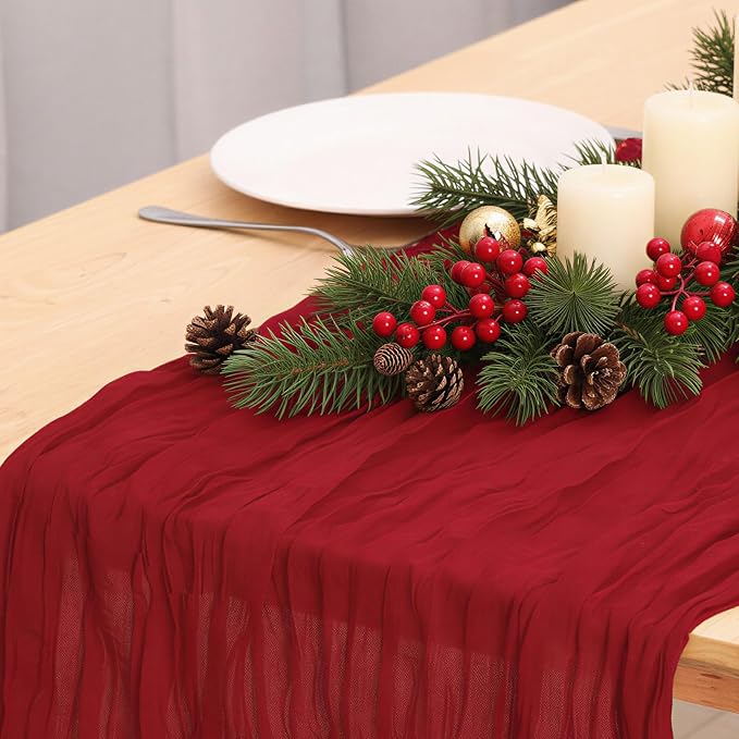 3 Pack Red Cheesecloth Table Runner 120 Inch 10FT Cheese Cloth Fabric Runners for Banquet, Valentine's Day, Independence Day, Retro Decoration