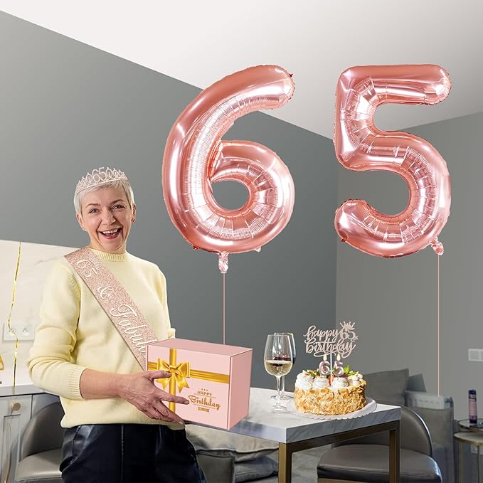 65th Birthday Decorations for Women, Including 65th Birthday Sash and Tiara, Cake Topper and Candles, Number Balloons, 65 Year Old Gifts Women