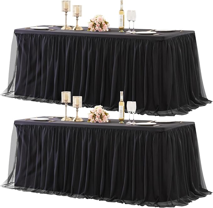 2 Pack Black Tulle Tablecloth Table Skirt for 6 Foot Rectangle Tables Birthday Table Cloths Ruffle Tutu Table Skirt Stretch Fitted Table Covers for Party Wedding Reception Baby Shower Banquet Decor