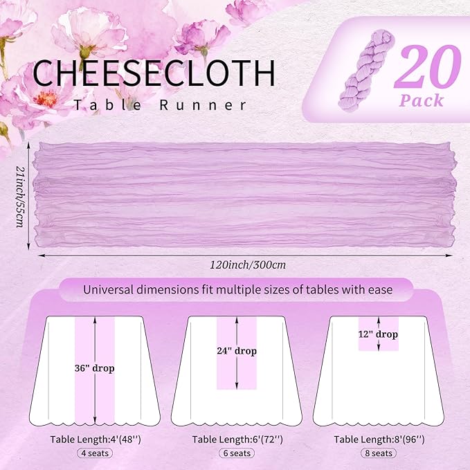 20 Pack Lilac Purple Cheesecloth Table Runner 10FT Lavender Boho Gauze Cheese Cloth Table Runners Romantic Rustic Sheer Table Decorations for Wedding Party Baby Shower Birthday Holiday Home