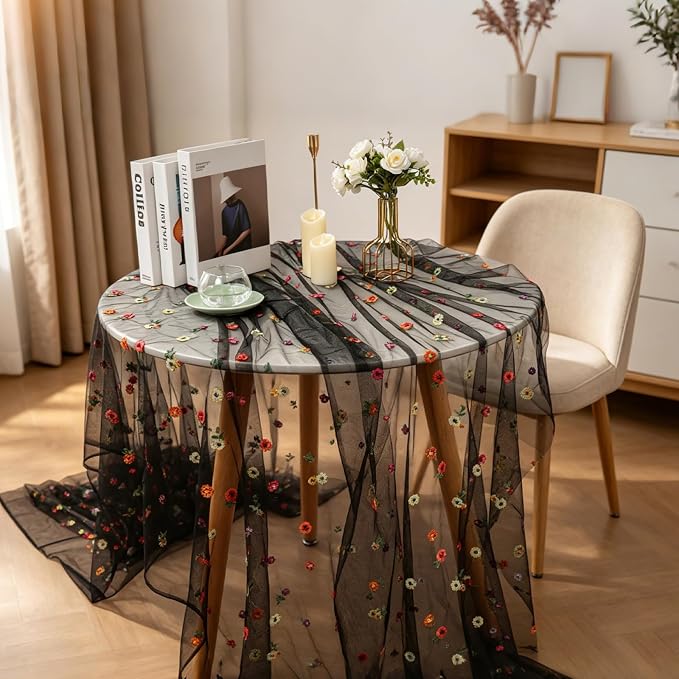 BINBE 3pcs Black Daisy Spring Table Runner Embroidery Gauze 10FT Florals Seasonal Tulle Holiday Birthday Kitchen Dining Table Decor for Home Party