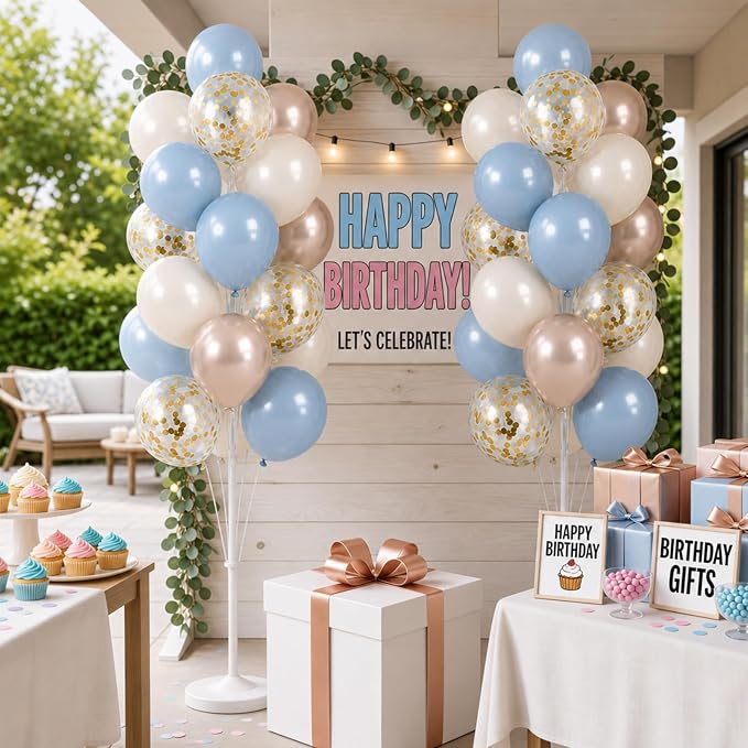 HIINS Balloon Column Kit Set of 2 with Dusty Pastel Blue Gold Balloon Base&Pole,Balloon Tower Backdrop Decoration for Wedding, Baby Shower, Birthday Party, Bridal Engagement