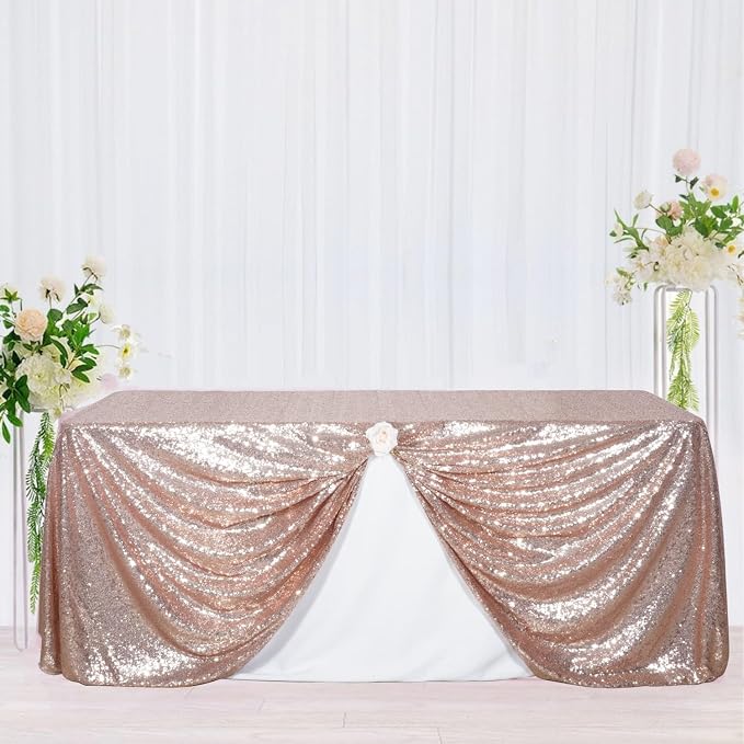 Poise3EHome Rose Gold Sequin Tablecloth 50×72 Inch Rectangle Table Cover Overlay for Birthday Wedding Party Holiday Baby Shower Christmas Decoration
