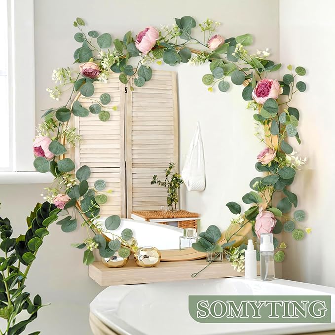 SOMYTING Artificial Flowers Garland 6FT Eucalyptus Flower Garlands Vintage Peony Rose Vine Faux Floral Garland for Wedding Party Arch Table Wall Backdrop Decoration (Vintage Pink, 4PCS)