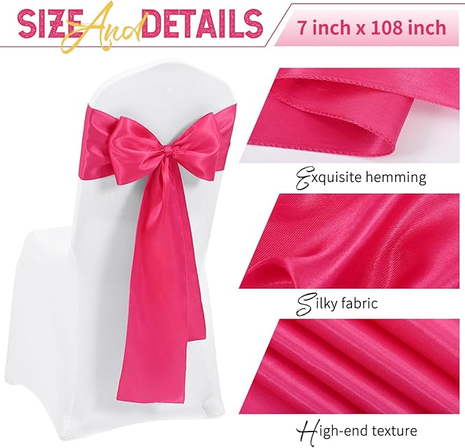 120 PCS Hot Pink Satin Chair Sashes, Ties Bows Designed Chairs Decorative, Chair Cover Sashes for Thanksgiving Wedding Christmas Banquet Party Home Kitchen Decoration (7 x 108 inch)