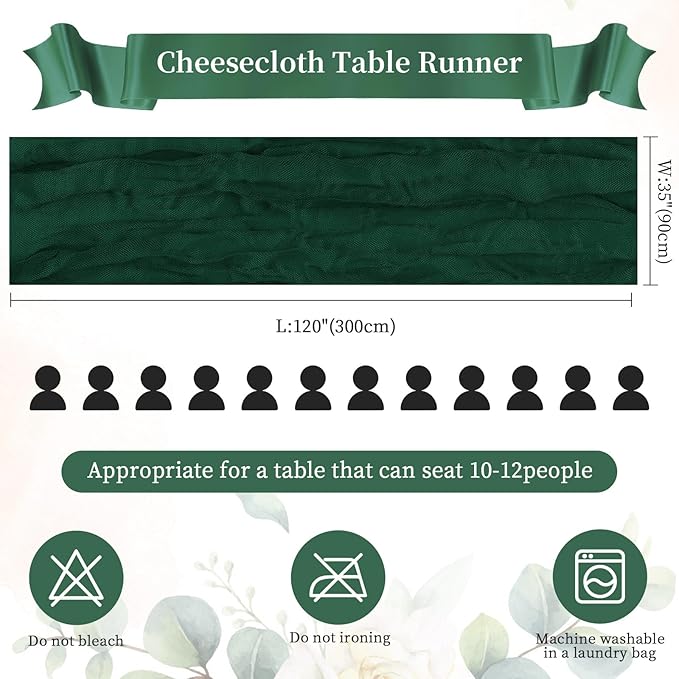 6 Pack Emerald Green Cheesecloth Table Runner 10FT Long Easter Spring Boho Gauze Table Runner Rustic Sheer Runner for Wedding Bridal Baby Shower Birthday Party Table Decor Easter Decorations