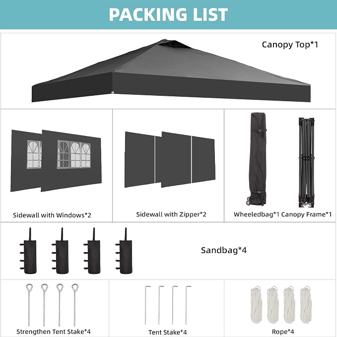 GDY 12x12ft Pop Up Canopy Tent with 4 Sidewalls, with Center Lock, 3-Level Height Adjustment, Wheeled Bag, for Gardens, Poolside, or Patio Lounge Spaces, Black