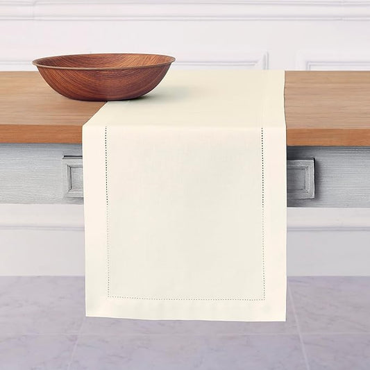 Solino Home Ivory Table Runner 120 Inches Long - Cotton Linen Hemstitch 14 x 120 Inch Table Runner for Dining, Spring, Summer, Mothers Day