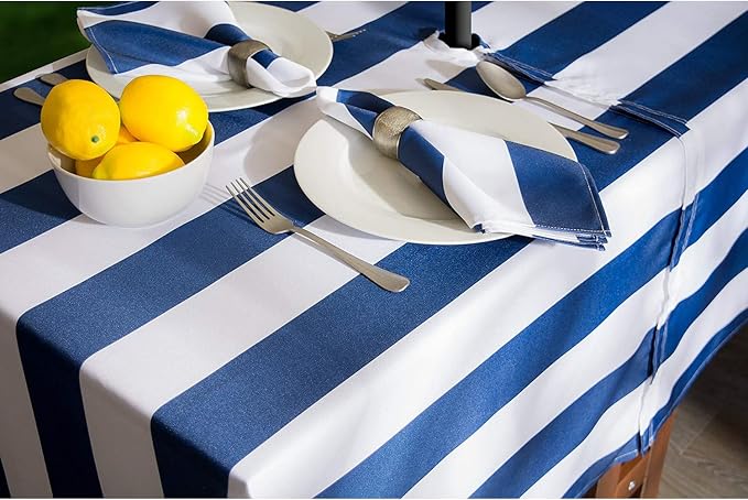 DII Cabana Stripe Outdoor Zippered Tabletop Collection, Stain/Wrinkle Resistant & Waterproof, 60" Round, Nautical Blue