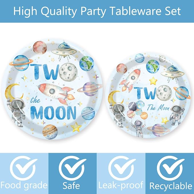 100 Pcs Outer Space 2nd Birthday Party Supplies - Space Two the Moon Plates Napkins Forks Paper Cups Tableware Kit for Space Galaxy Astronaut Theme Boys 2nd Birthday Decorations(20 guests)