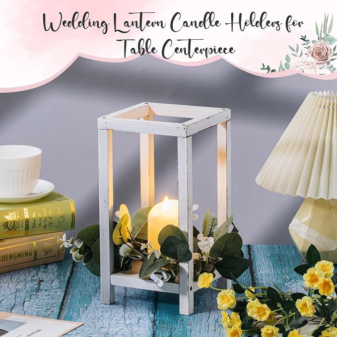 Geelin 10 Pcs Wooden Wedding Lantern Centerpiece Candle Lantern Table Wooden Candle Holder Decorative for Wedding Party Table Valentine Decor (10.59 in,Antique White)