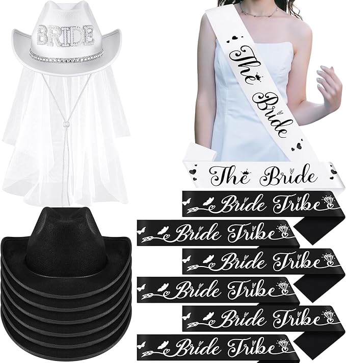 Newcotte 14 Pcs Bride Cowgirl Hat with Veil and Satin Sash Bachelorette Cowboy Hats Set for Wedding Party Bridal Shower Decor