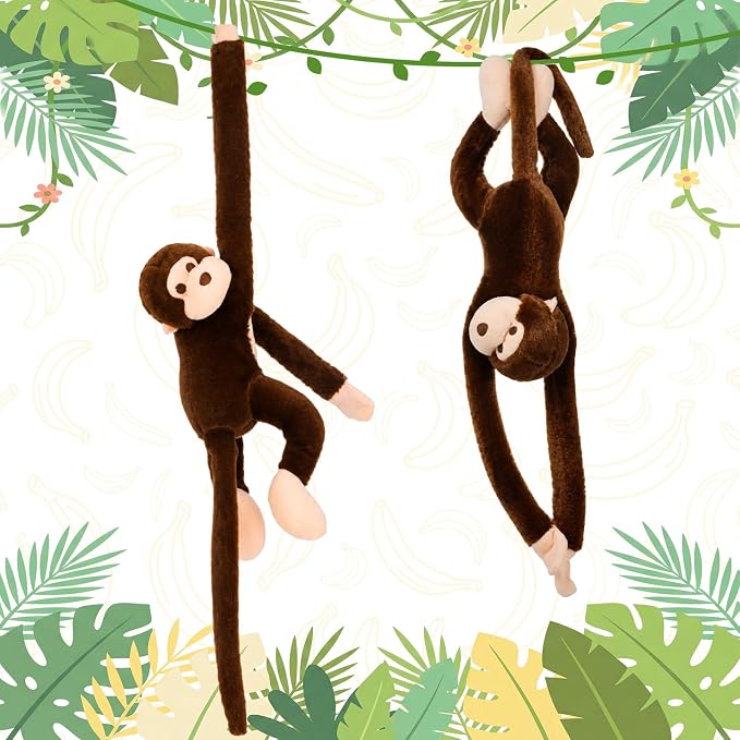 Hungdao 2 Packs Hanging Monkey Stuffed Jungle Animal Toy with Hook and Loop Jungle Party Hanging Plush Monkey for VBS Sunday School Classroom Party Decorations (28 Inch,Dark Brown)