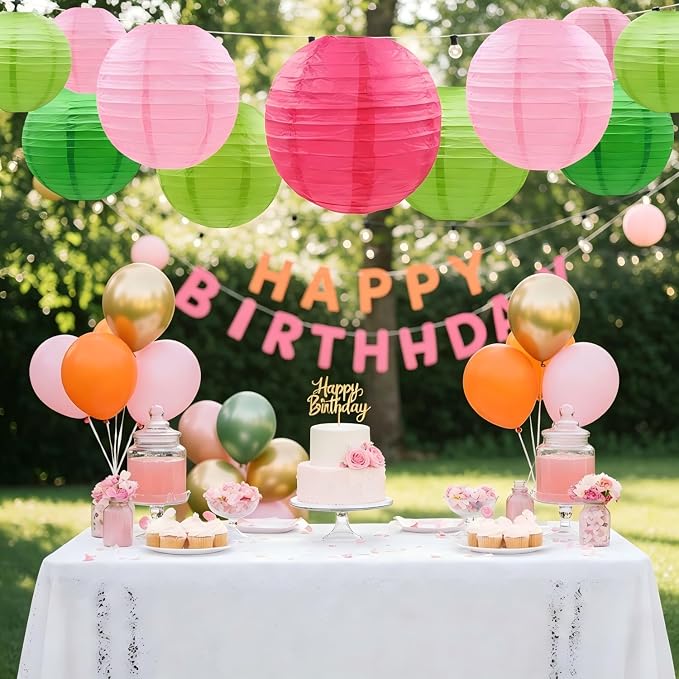 CC wonderland zone 12pcs Hot Pink and Green Paper Lanterns,Hanging Paper Lanterns for Bridal Shower Rustic Boho Birthday Wedding Home Decor Party Decoration