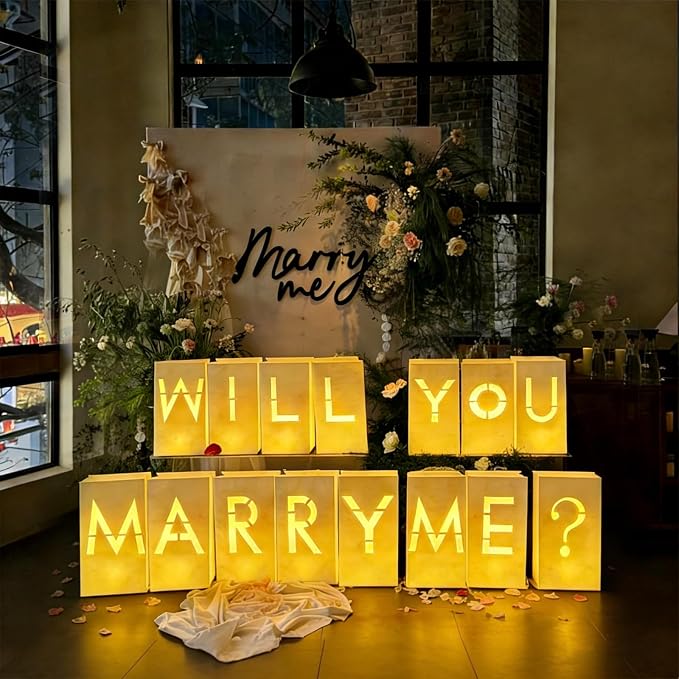 Will You Marry Me Marriage Proposal Decorations Luminary Bags Light Up Letters Sign Decor 2000 Rose Petals and Candles Set Romantic, Valentines Decor, Engagement Party Banner
